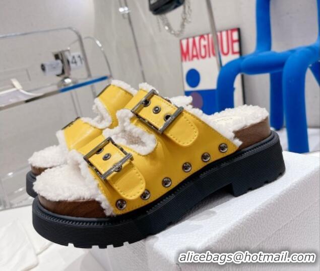 Good Quality Dior Diorquake Strap Slide Sandals in Yellow Calfskin and White Shearling 082542