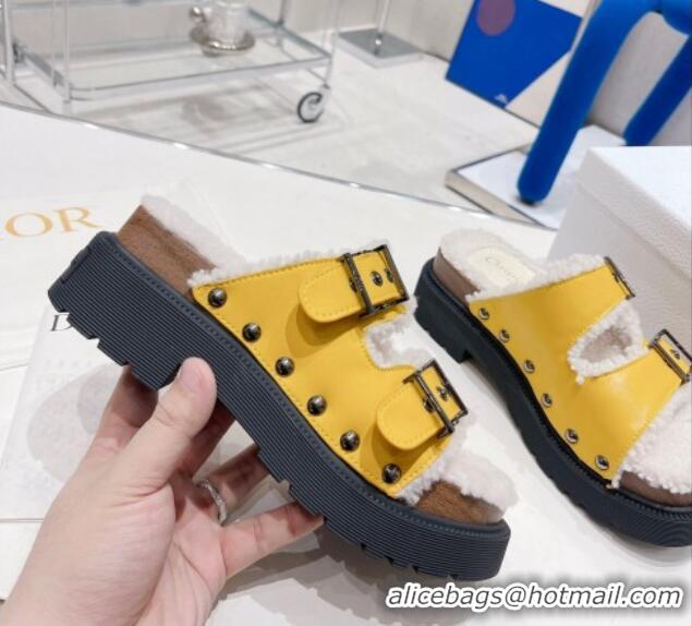 Good Quality Dior Diorquake Strap Slide Sandals in Yellow Calfskin and White Shearling 082542