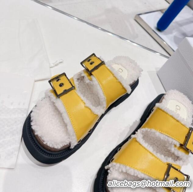 Good Quality Dior Diorquake Strap Slide Sandals in Yellow Calfskin and White Shearling 082542