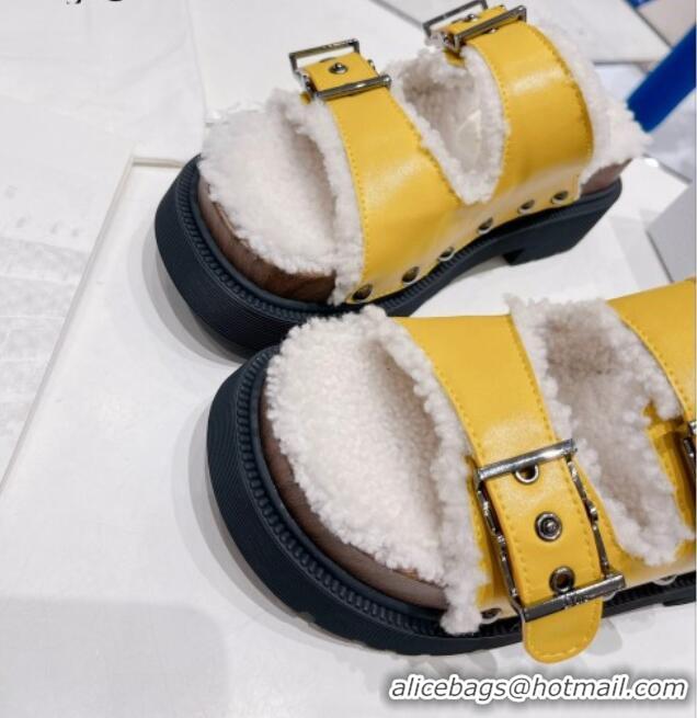 Good Quality Dior Diorquake Strap Slide Sandals in Yellow Calfskin and White Shearling 082542