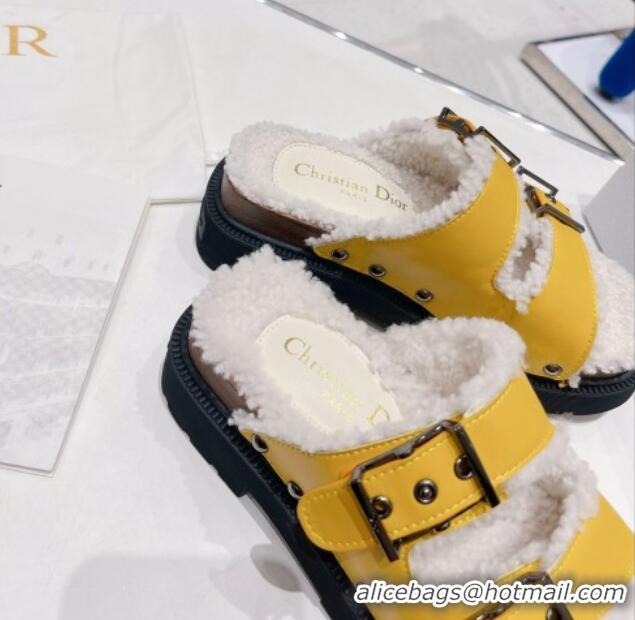 Good Quality Dior Diorquake Strap Slide Sandals in Yellow Calfskin and White Shearling 082542