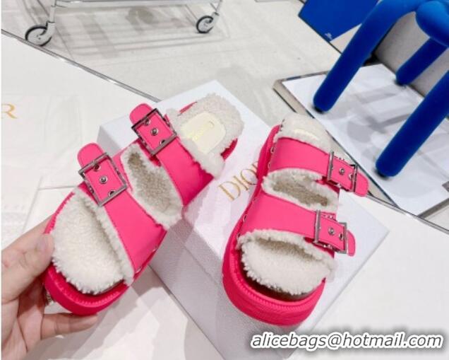 Good Looking Dior Diorquake Strap Slide Sandals in Pink Calfskin and White Shearling 082543