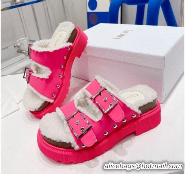 Good Looking Dior Diorquake Strap Slide Sandals in Pink Calfskin and White Shearling 082543