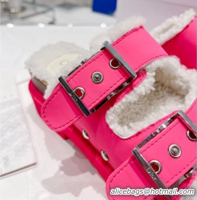 Good Looking Dior Diorquake Strap Slide Sandals in Pink Calfskin and White Shearling 082543