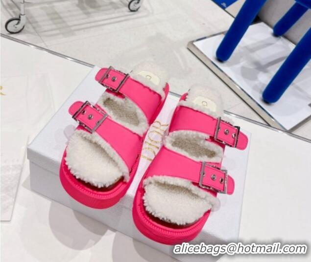 Good Looking Dior Diorquake Strap Slide Sandals in Pink Calfskin and White Shearling 082543