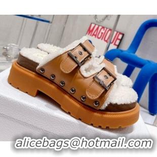 Popular Style Dior Diorquake Strap Slide Sandals in Brown Calfskin and White Shearling 082544