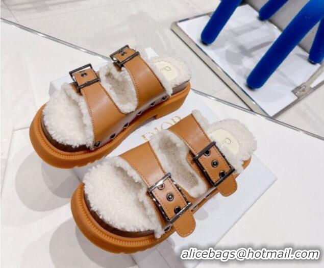 Popular Style Dior Diorquake Strap Slide Sandals in Brown Calfskin and White Shearling 082544