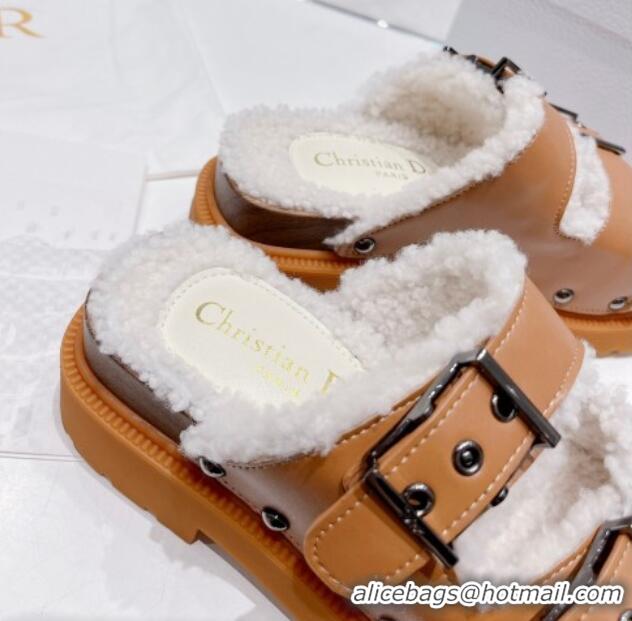 Popular Style Dior Diorquake Strap Slide Sandals in Brown Calfskin and White Shearling 082544