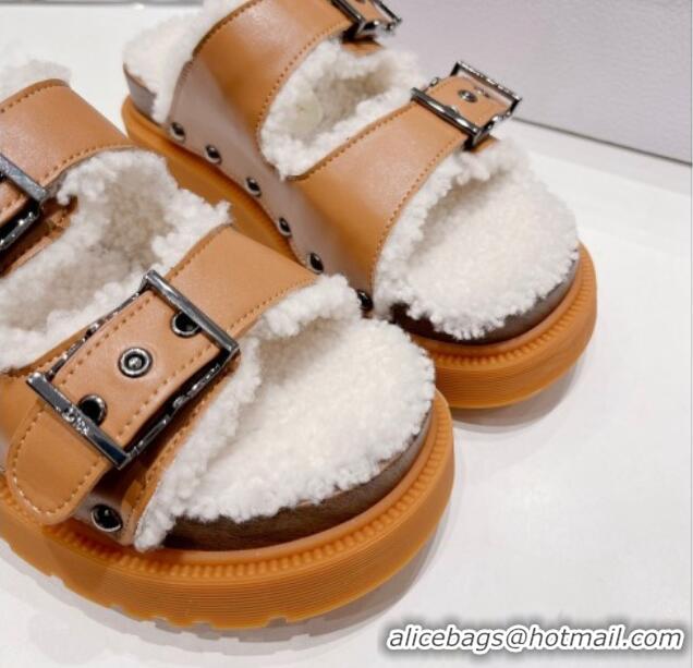 Popular Style Dior Diorquake Strap Slide Sandals in Brown Calfskin and White Shearling 082544