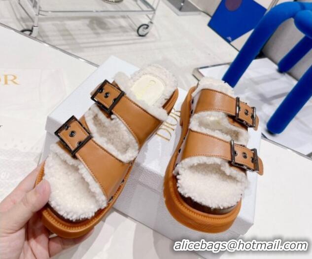 Popular Style Dior Diorquake Strap Slide Sandals in Brown Calfskin and White Shearling 082544