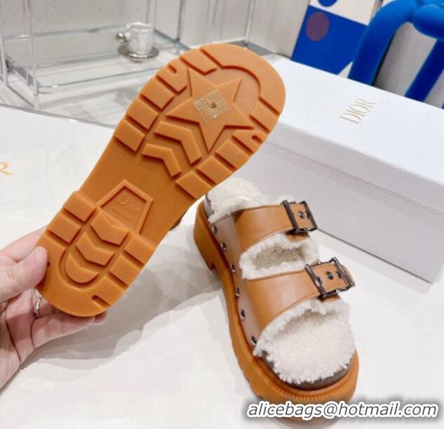 Popular Style Dior Diorquake Strap Slide Sandals in Brown Calfskin and White Shearling 082544