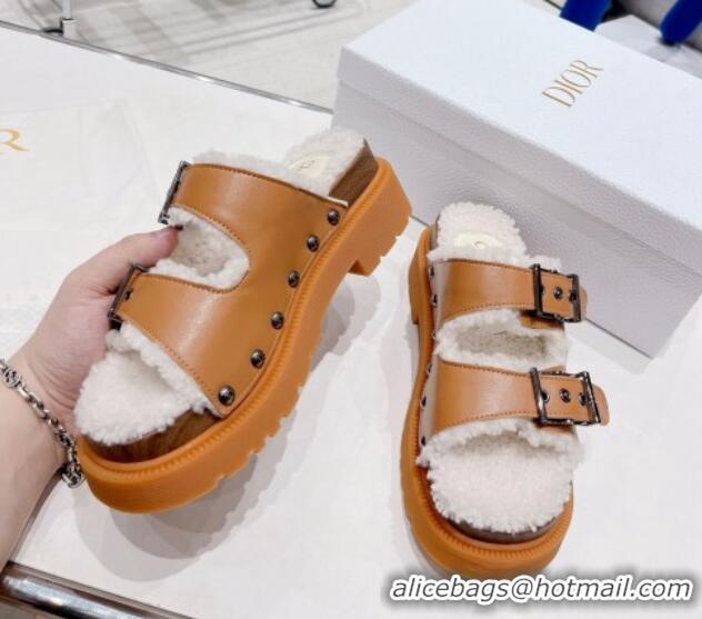 Popular Style Dior Diorquake Strap Slide Sandals in Brown Calfskin and White Shearling 082544