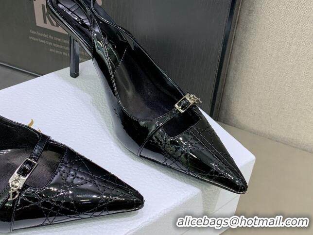 Good Quality Dior J'adior Slingback Medium Heel Pumps 7.5cm in Patent Leather Black 082545