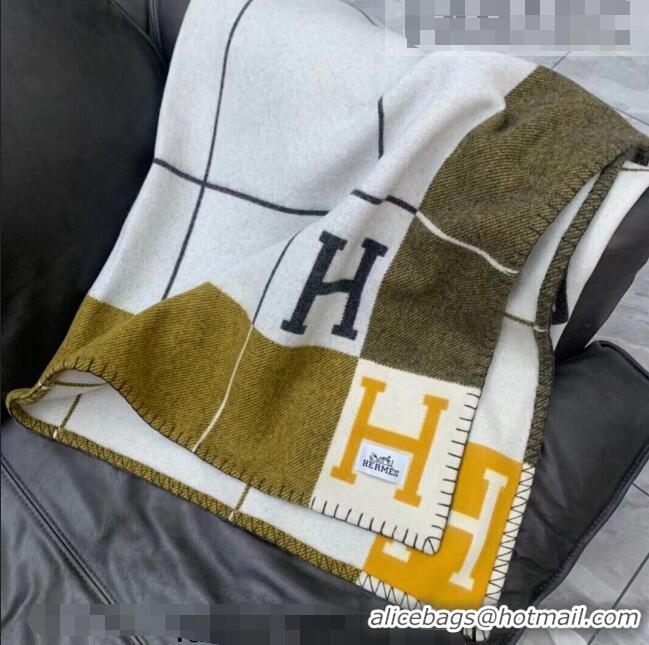 Top Design Hermes Avalon Throw Wool Cashmere Blanket 135x165cm 0923 Green/Yellow 2022