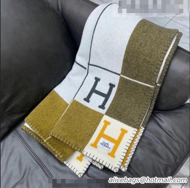 Top Design Hermes Avalon Throw Wool Cashmere Blanket 135x165cm 0923 Green/Yellow 2022