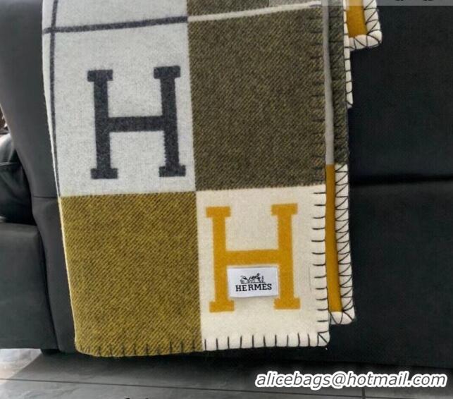 Top Design Hermes Avalon Throw Wool Cashmere Blanket 135x165cm 0923 Green/Yellow 2022