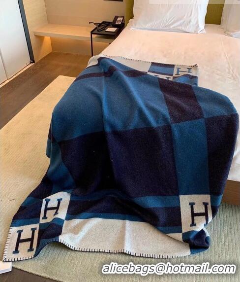 Famous Brand Hermes Avalon Throw Wool Cashmere Blanket 135x170cm 0923 Blue/Black 2022