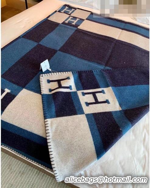 Famous Brand Hermes Avalon Throw Wool Cashmere Blanket 135x170cm 0923 Blue/Black 2022