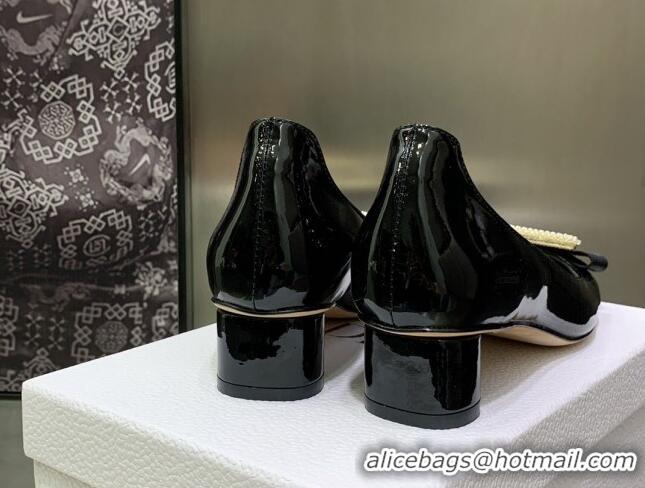 Best Product Dior Idylle Patent Leather Pumps 3.5cm with Pearl Bow Black 090865