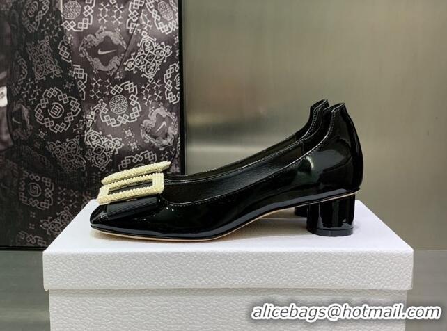 Best Product Dior Idylle Patent Leather Pumps 3.5cm with Pearl Bow Black 090865