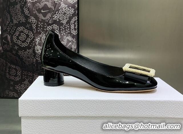 Best Product Dior Idylle Patent Leather Pumps 3.5cm with Pearl Bow Black 090865