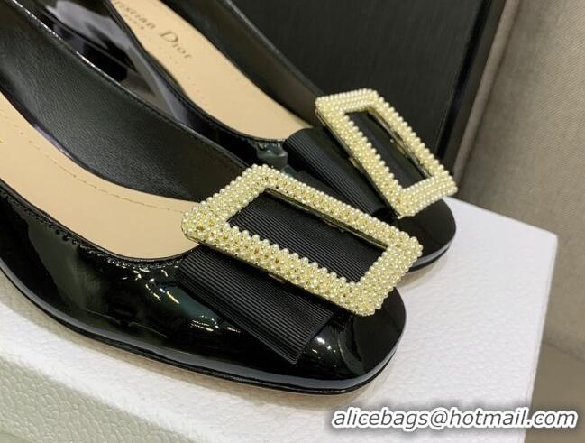 Best Product Dior Idylle Patent Leather Pumps 3.5cm with Pearl Bow Black 090865