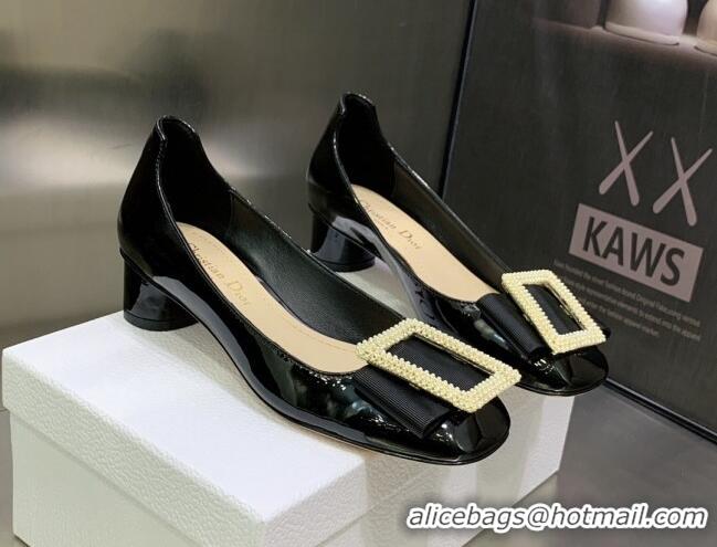 Best Product Dior Idylle Patent Leather Pumps 3.5cm with Pearl Bow Black 090865