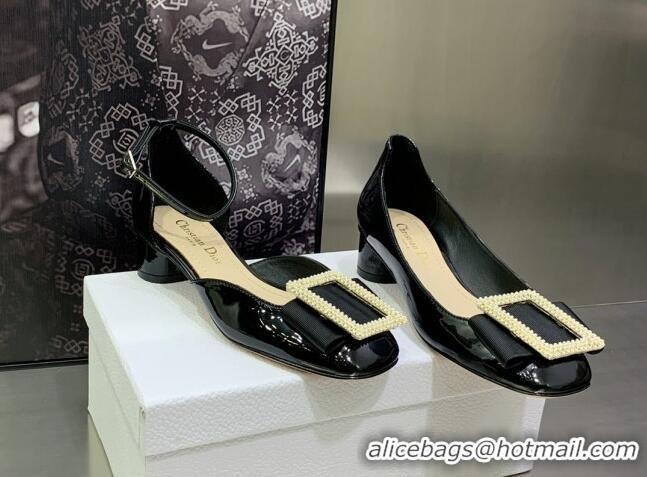 Best Product Dior Idylle Patent Leather Pumps 3.5cm with Pearl Bow Black 090865