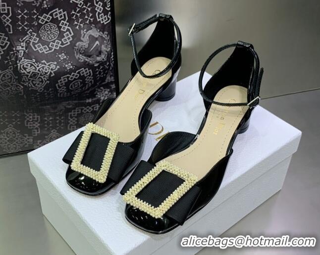 Top Grade Dior Idylle Patent Leather Pumps 3.5cm with Pearl Bow Black 090866