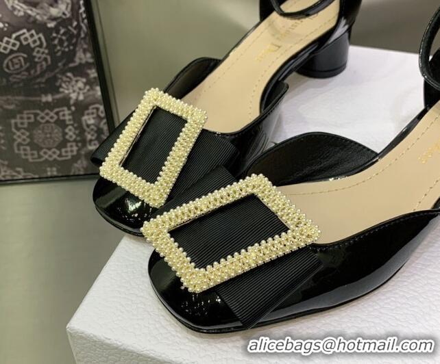 Top Grade Dior Idylle Patent Leather Pumps 3.5cm with Pearl Bow Black 090866