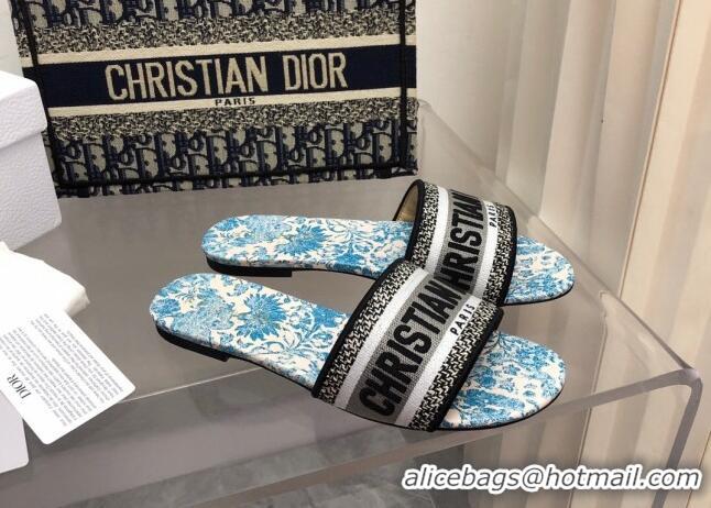 Sophisticated Dior Dway Flat Slide Sandals with Duck Blue Brocart Motif 092141