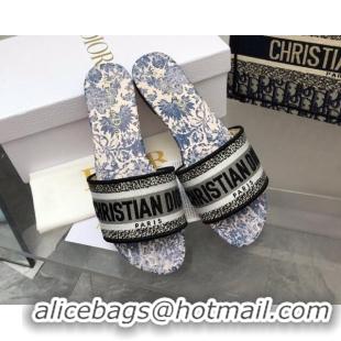 Discount Dior Dway Flat Slide Sandals with Denim Blue Brocart Motif 092142