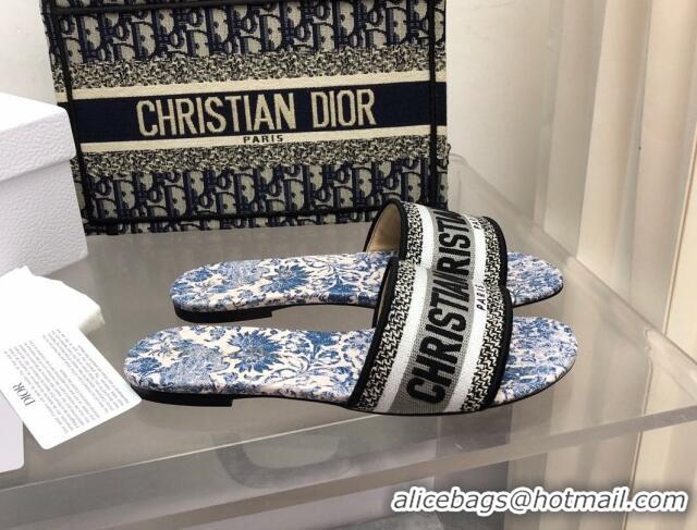 Discount Dior Dway Flat Slide Sandals with Denim Blue Brocart Motif 092142