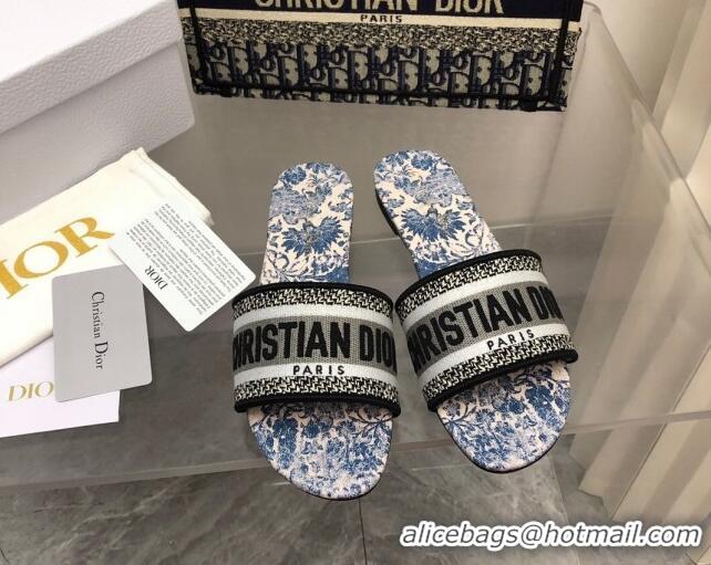 Discount Dior Dway Flat Slide Sandals with Denim Blue Brocart Motif 092142