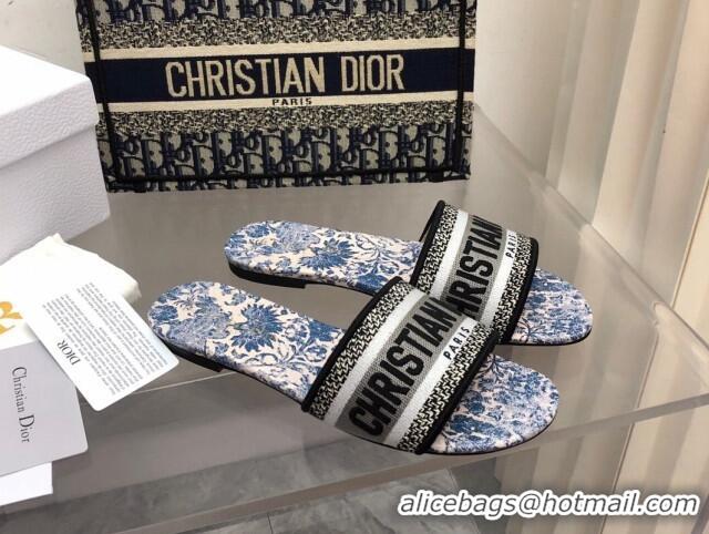 Discount Dior Dway Flat Slide Sandals with Denim Blue Brocart Motif 092142