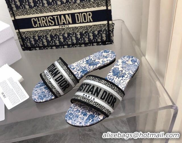 Discount Dior Dway Flat Slide Sandals with Denim Blue Brocart Motif 092142