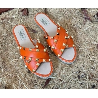 Classic Specials Valentino Grained Calfskin Rockstud Cross Flat Slide Sandals Orange 052475