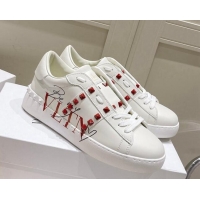 Luxury Valentino VLTN Calfskin Open Sneakers with Tonal Studs White/Red 052506