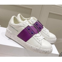 Stylish Valentino Calfskin Open for a Change Sneakers with Purple Stripe White 052512