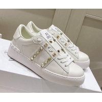 Best Price Valentino Untitled Calfskin Open Sneakers with Gold Studs White 2052518