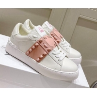 Classic Hot Valentino Untitled Calfskin Open Sneakers with Pink Stripe White 2052519