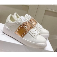 Duplicate Valentino Untitled Calfskin Open Sneakers with Gold Stripe White 2052520