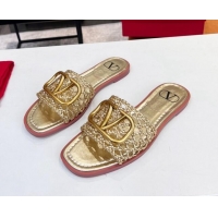 Good Quality Valentino VLogo Flat Slide Sandals in Woven Leather Gold 2052657