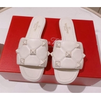 Low Cost Valentino Roman Stud Flat Slide Sandals White 2062296