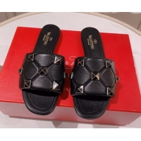 Good Looking Valentino Roman Stud Flat Slide Sandals Black 062298