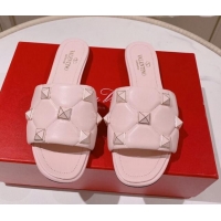 Top Design Valentino Roman Stud Flat Slide Sandals Light Pink 062299