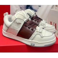 Popular Style Valentino One Stud Calfskin Sneakers with Stripe White/Brown 0622109