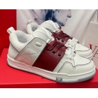 Good Product Valentino One Stud Calfskin Sneakers with Stripe White/Burgundy 0622111