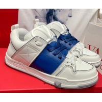 Perfect Valentino One Stud Calfskin Sneakers with Stripe White/Blue 0622113