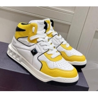 Luxurious Valentino One Stud High-Top Nappa Sneakers White/Yellow 062531